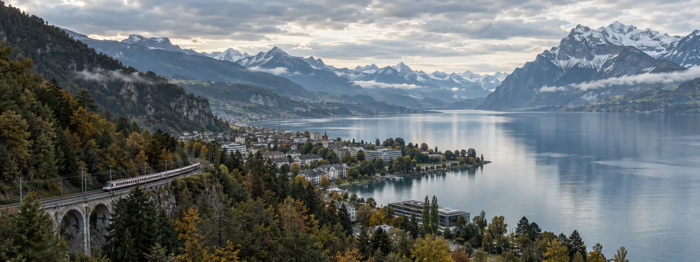 Alpiner Schweizer See mit Siedlung, Bahnlinie und Bergketten